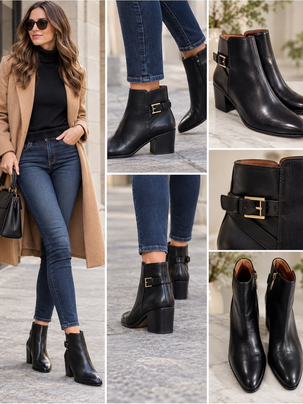 Louise Et Cie Black Leather Ankle Boots 11M Gold Buckle Block Heel Quiet Luxury
